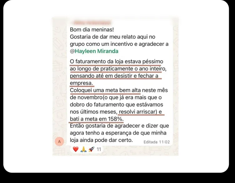 Print de WhatsApp de aluna contando que o faturamento da loja subiu depois de aplicar o método