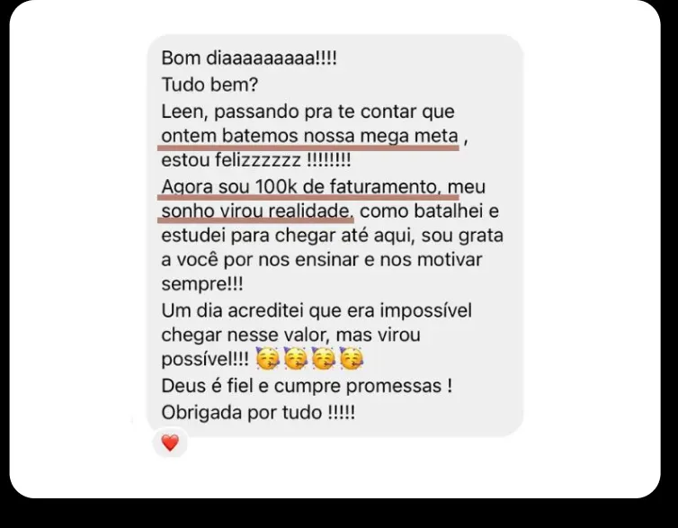 Print de WhatsApp: agora sou 100k de faturamento, meu sonho virou realidade